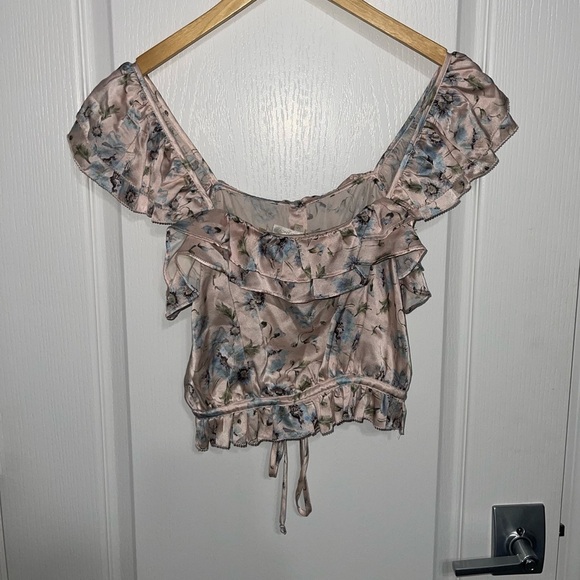 LoveShackFancy Mia Ruffled Lace Crop Top Pink Purple Cream Cinch 100% Silk XS - Picture 9 of 11